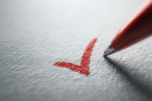 A close-up view of a red pen poised to complete a checkmark on a sheet of textured paper, representing finished tasks or confirmed items. The background is softly blurred. photo