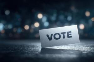 A clear vote sign stands upright on a textured surface, with a blurred background featuring soft lights. The setting captures a moment encouraging civic participation, ideal for promoting elections. photo