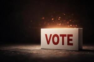 A block with the word VOTE in bold red letters is illuminated from behind, casting a glow against a dark background. This symbolizes the importance of participation in elections. photo