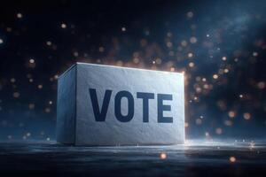 A ballot box prominently displays the word VOTE, symbolizing the importance of participation in elections. Glimmering lights create an inspiring atmosphere, encouraging civic responsibility. photo