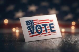 A sign displaying the word Vote alongside an American flag design sits on a reflective surface. Soft lights create a warm atmosphere, emphasizing the importance of voting during election time. photo