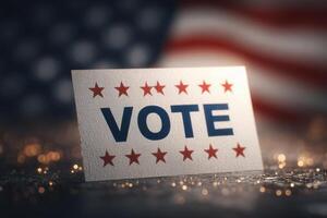 A sign reading Vote prominently stands out against a blurred American flag. The stars and bold lettering emphasize the importance of voting during elections. This setting evokes civic pride. photo