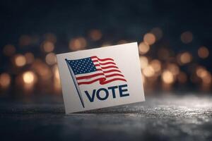 A vote card displays an American flag and the word vote, set against a bokeh background with sparkling lights. The colors and design highlight civic participation and pride. photo