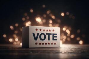 A vote box is displayed against a dark backdrop, illuminated by soft glowing lights. This setting evokes a sense of importance about civic duty during election time. photo