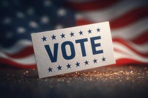 A card reading Vote stands upright against an American flag backdrop. Subtle sparkles illuminate the scene, creating a festive atmosphere. photo