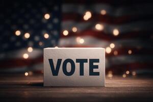 A prominent white block with the word VOTE stands out against a blurred American flag backdrop. The warm lights add a festive atmosphere, capturing the spirit of participation in democracy. photo