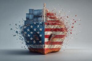 A striking visual of a shipping container vessel disintegrating, showcasing vivid American flag colors. The artwork creatively expresses themes of transformation and patriotism in a surreal manner. photo