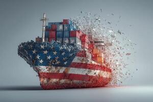 A striking visual features a large cargo ship decorated with the American flag, disintegrating into fragments. The scene conveys a sense of movement and transformation. photo
