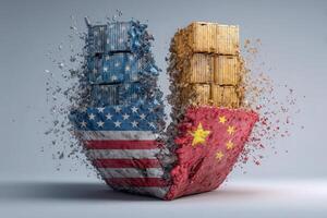 Shipping containers symbolize the economic tension between the United States and China. The visual portrays a breakdown in trade, showcasing elements of both nations in a dynamic manner. photo