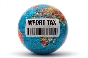 A globe showcases various continents and countries, prominently featuring a barcode label that reads Import Tax. This highlights the global nature of trade and taxation. photo