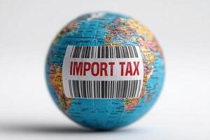 A small globe with a barcode that reads import tax affixed to its surface represents the financial implications of international trade. The visual emphasizes global economic activity. photo