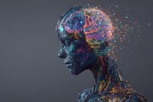 A detailed depiction of a humanoid figure with a brain made of vibrant circuitry. The head showcases digital elements that blend technology and human characteristics, suggesting advanced AI. photo