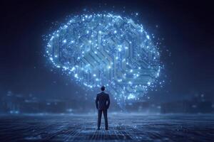 A business professional stands before a large, glowing representation of a brain made of circuits and lights. The backdrop features a futuristic city skyline, reflecting innovation and technology. photo