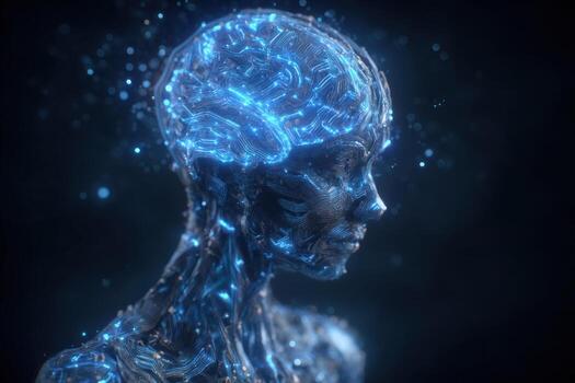 un detallado representación de un transparente humano cabeza lleno con luminoso circuitos, representando un cerebro. el brillante elementos crear un cautivador visual efecto en contra un oscuro antecedentes. foto