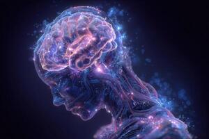 A surreal depiction of a brain emerging from a human silhouette, illuminated by vibrant colors and cosmic elements. photo