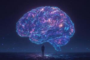 A solitary figure stands before a glowing, stylized brain, intricately designed with circuitry. photo