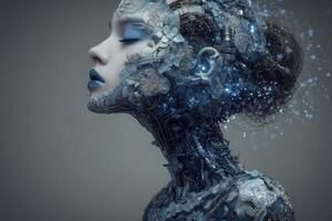 A womans profile emerges from a mix of organic shapes and mechanical elements, featuring floral designs and glowing features. This unique artwork highlights the fusion of nature and technology. photo