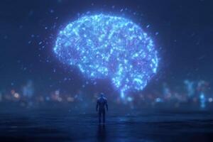 A human figure stands alone in a dark environment, gazing at a large, illuminated digital brain made of blue circuit patterns. The background features a city skyline with dim lights. photo
