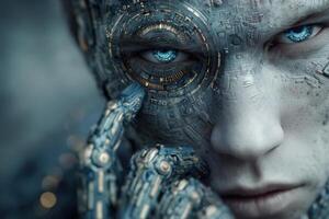 A humanoid figure with intricate robotic skin and a highly detailed eye displays a unique blend of technology and humanity. The environment is dimly lit, enhancing the futuristic vibe. photo