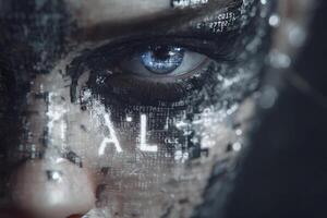 A striking close-up of a human eye surrounded by intricate digital patterns and symbols, reflecting the fusion of technology and identity. The detailed textures evoke a futuristic aesthetic. photo