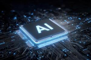 A close-up view showcases a microchip with glowing circuits. The letters AI stand out prominently, symbolizing advancements in technology and artificial intelligence. photo