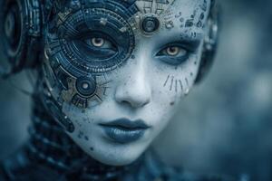 A humanoid figure showcases striking cybernetic details on the face and neck, with metallic components and glowing eyes, evoking a blend of human emotion and machine precision in a futuristic setting. photo