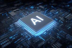 A close-up view of a futuristic circuit board with glowing blue elements. The focus is on a microchip labeled AI, symbolizing advancements in artificial intelligence technology and hardware design. photo