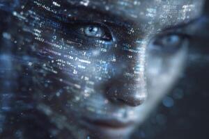 A close-up view of a womans face reveals striking blue eyes, surrounded by swirling streams of data and code. The atmosphere conveys a blend of technology and human emotion. photo