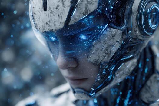 A close-up view of a humanoid robot with a detailed metallic face, glowing blue eyes, and intricate circuitry. The background features a blurred high-tech setting, enhancing the futuristic feel. photo