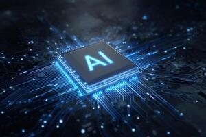 A close-up view of an AI chip mounted on a circuit board. The intricate network of blue circuits and glowing elements creates a futuristic atmosphere, emphasizing advanced technology. photo