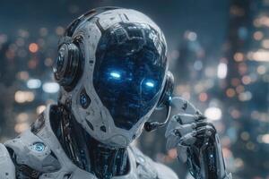 A humanoid robot with a glossy exterior and glowing blue eyes is holding a headset while seemingly in communication. The backdrop features a vibrant futuristic cityscape at night. photo