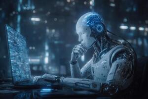 A humanoid robot sits in a dimly lit room engaging with a laptop. The robots head features a glowing digital interface, reflecting a futuristic atmosphere. photo