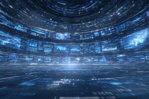 A high-tech digital space features floating screens displaying various data visualizations, graphs, and maps. This futuristic setting radiates deep blue light, creating an immersive experience. photo