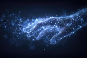 A glowing hand extends into the darkness, surrounded by sparkling particles resembling stars. This ethereal representation evokes feelings of connection and vastness in a cosmic setting. photo