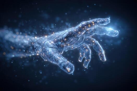 A holographic hand extends into a dark space, illuminated by glowing lines and shimmering particles. This digital representation evokes a sense of advanced technology and connection. photo
