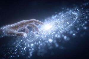 A human hand appears to reach towards a luminous galaxy, surrounded by shining stars. The cosmic scene evokes a sense of wonder and connection to the universe, emphasizing vastness and beauty. photo