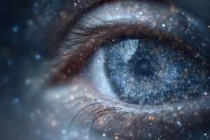 A close-up view of an eye displaying cosmic patterns and blue tones, revealing the beauty of stars and galaxies. The design creates a sense of wonder and connection to the universe. photo
