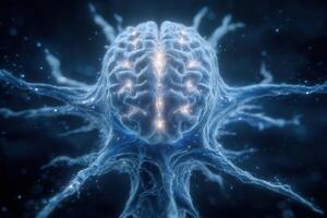 A detailed visualization showcases a brain-like structure surrounded by luminous neural pathways. The intricate connections appear in a dark, cosmic backdrop, symbolizing complex neural interactions. photo