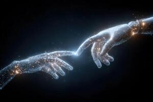 Two hands, one human and one robotic, reach out towards each other in a cosmic setting. Glowing lines of light connect them, symbolizing the integration of technology and humanity. photo
