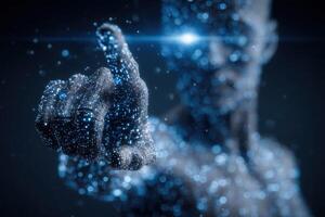 A human-like figure composed of blue particles stands in a virtual space, pointing forward with a glowing finger. photo
