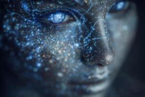 A close-up view reveals a woman whose face is adorned with shimmering cosmic patterns and vibrant stars. The background is dark, enhancing the otherworldly glow on her features. photo