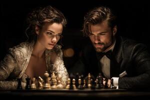 A couple focuses intently on a chess game, surrounded by a dark atmosphere illuminated by warm light. Their expressions reveal deep concentration and competitiveness during the late evening. photo