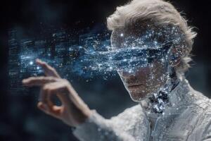 A futuristic figure with white hair interacts with floating digital projections. The individuals eyes are obscured by an advanced visor, suggesting immersion in a virtual environment. photo