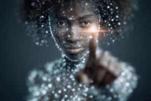 A woman with natural hair reaches out, touching a vibrant holographic interface. The scene conveys a blend of technology and human connection in a futuristic environment. photo