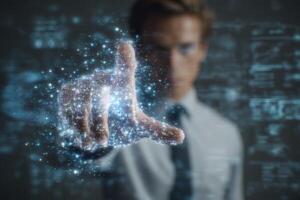 A man in a formal shirt reaches out into a space filled with glowing particles that resemble digital data. The background features abstract technology patterns, creating a modern atmosphere. photo