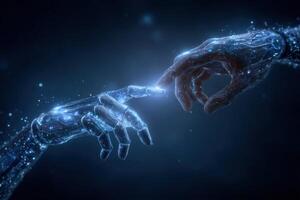 Two hands, one human and one robotic, reach toward each other in a dark environment filled with shimmering lights. The scene emphasizes the interaction and connection between humanity and technology. photo