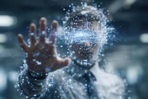 A man in a suit stands in a futuristic space, extending his hand toward the viewer. Digital data streams surround him, creating an immersive and high-tech atmosphere. photo