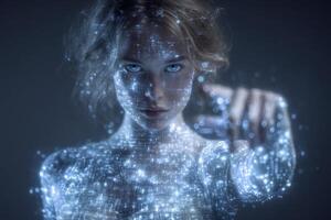 A woman stands against a dark background, illuminated by shimmering digital patterns on her skin. She points forward, conveying a sense of power and technological connection. photo