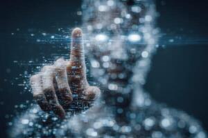 A human figure made of digital particles reaches out with a finger toward a stream of holographic data. The setting appears futuristic, showcasing advanced technology and graphics. photo