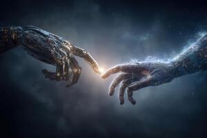 Two hands reach out to each other, one robotic with intricate mechanical details and the other organic with a soft, glowing light. photo